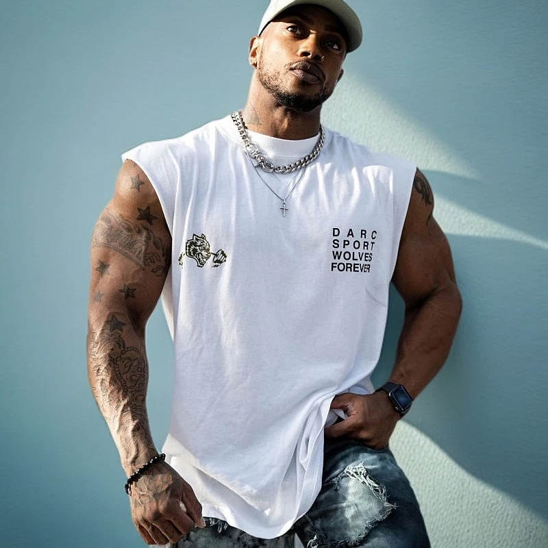 美式宽松背心坎肉男士训练无袖坎肩篮球棉T恤透气大码撸铁健身衣