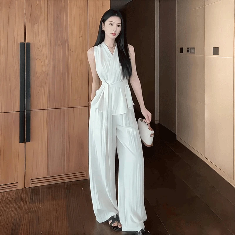 2025夏季新款法式气质收腰亚麻系带收腰无袖上衣宽松阔腿裤套装女