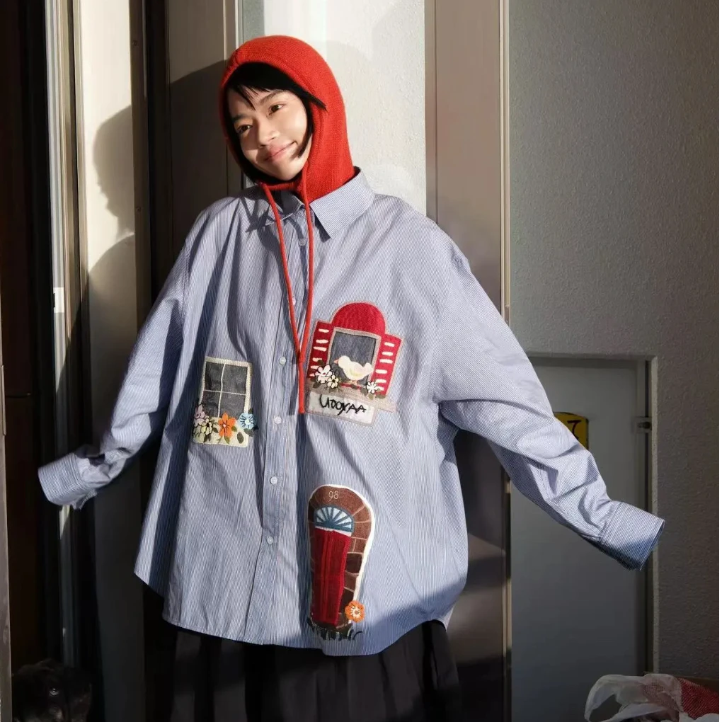 【F2195】春秋款撞色条纹趣味房子手工刺绣宽松衬衫上衣