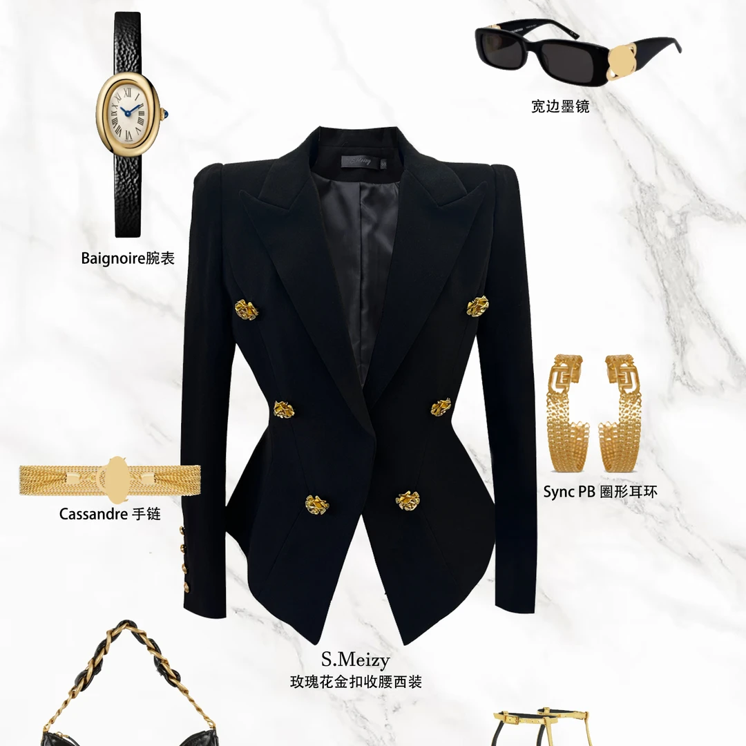 SMeizy【美子独家】双排金扣设计师气质修身轻奢职业扣外套名媛复古