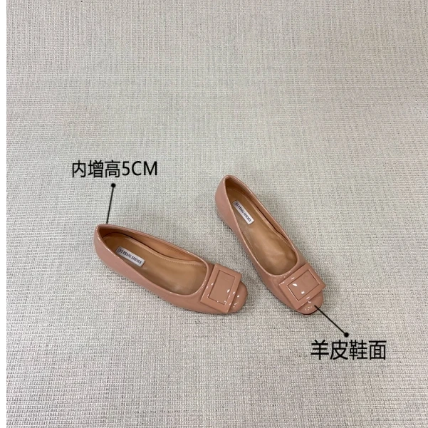羊皮版~内增高5cm法式浅口单鞋女复古不累脚小方扣平底漆皮通勤鞋