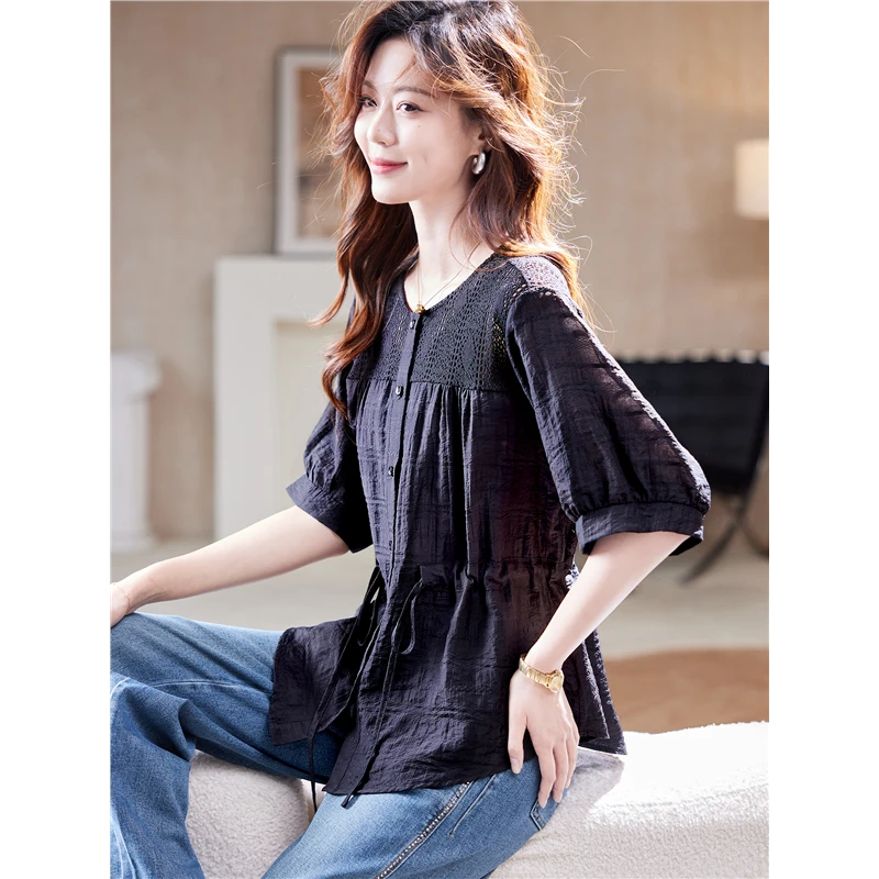 度卡奴蕾丝镂空拼接收腰衬衫女2025初秋洋气宽松百搭显瘦休闲衬衣