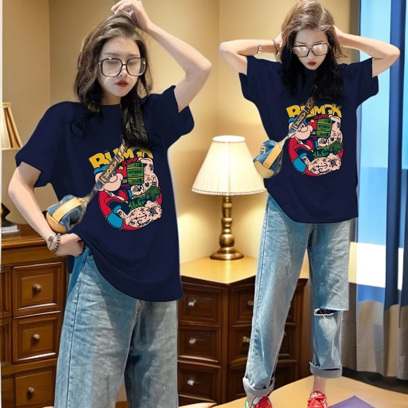 大力水手女款短袖女2025新款爆款圆领时髦宽松上衣女遮肚子t恤