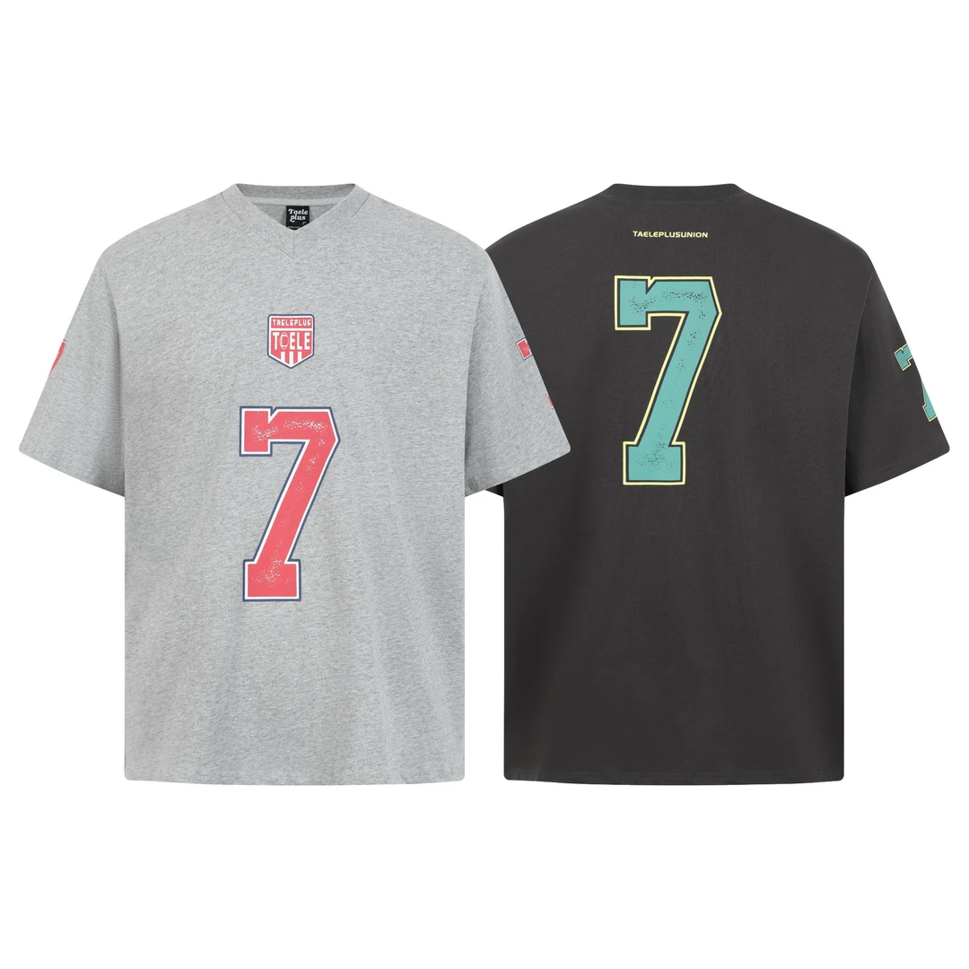 苏格拉底研究所 美式复古异型V领球员印花短袖情侣男女上衣半袖