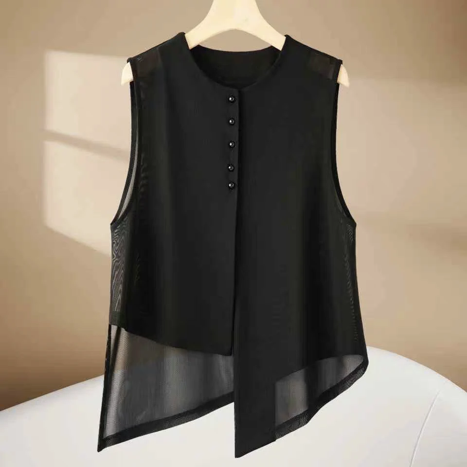 不规则时尚马甲洋气显瘦百搭无袖设计感圆领网纱马甲外搭薄款坎肩