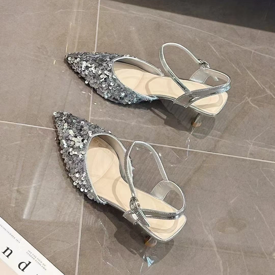 法式名媛风一字扣细跟女夏季新款百搭亮皮时装凉鞋365-20 5公分