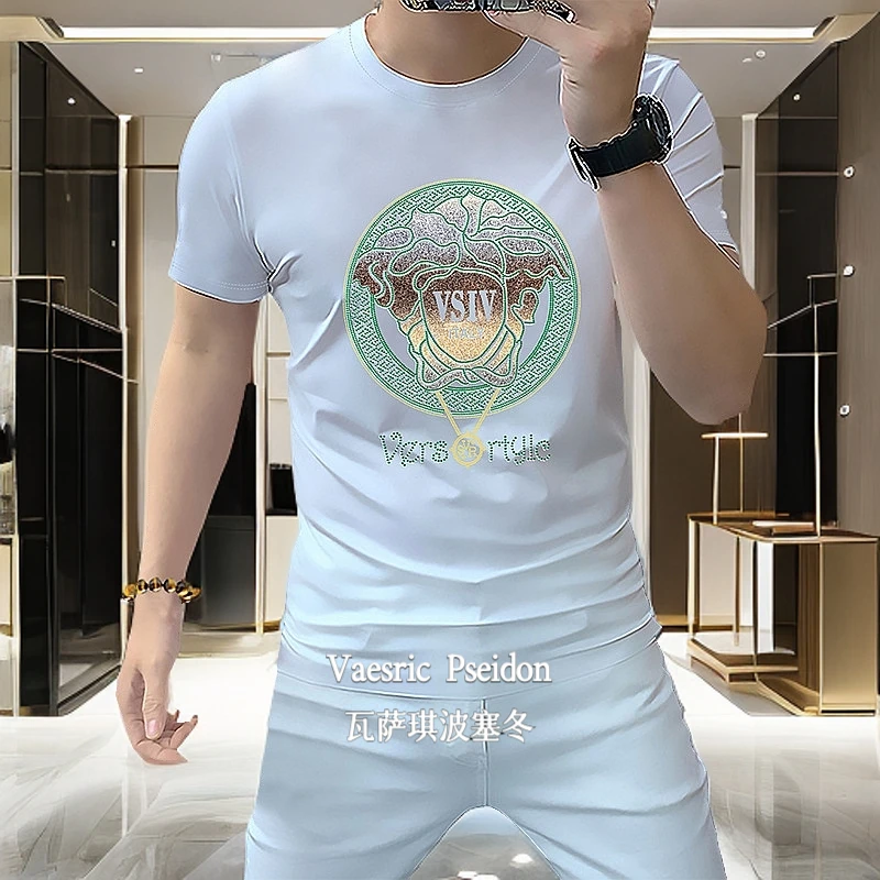 Vaesric Poseidon/瓦萨琪波塞冬夏男士丝光棉烫钻卡通印花短袖T恤