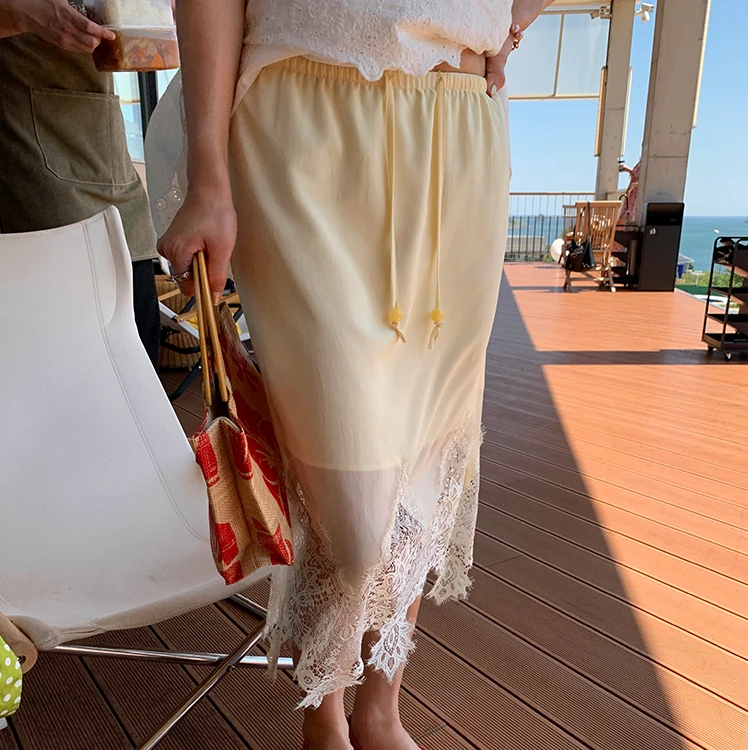 落落狷介半身裙女夏薄款2025年新款松紧腰系带蕾丝半裙小个子裙子