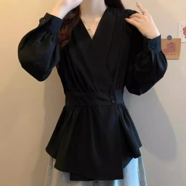 常规款V领长袖薄款提花大码衬衫落肩袖显瘦不褪色拼接气质收腰