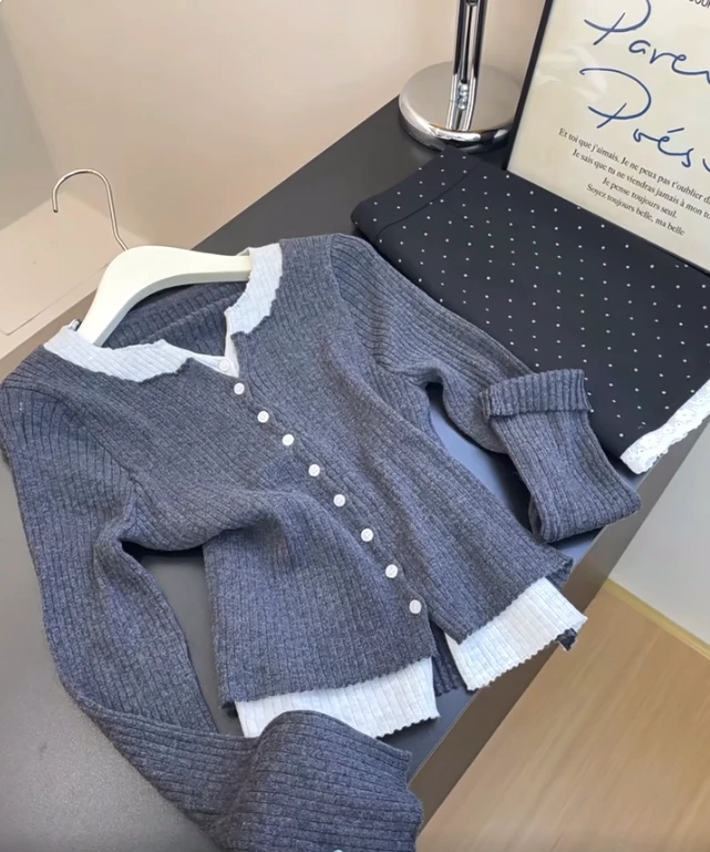 韩系灰色假两件长袖针织开衫女早秋新款修身显瘦慵懒感百搭上衣潮