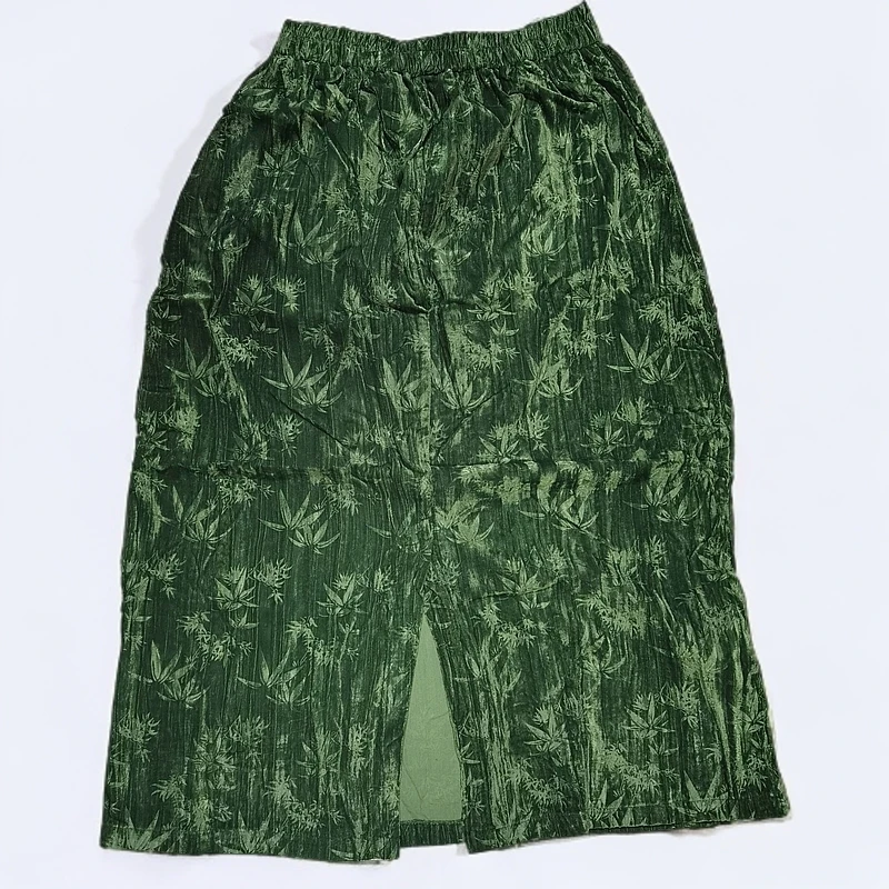 休闲半身裙·绿色竹叶复古百搭时尚显瘦棉麻双层半款国风春夏