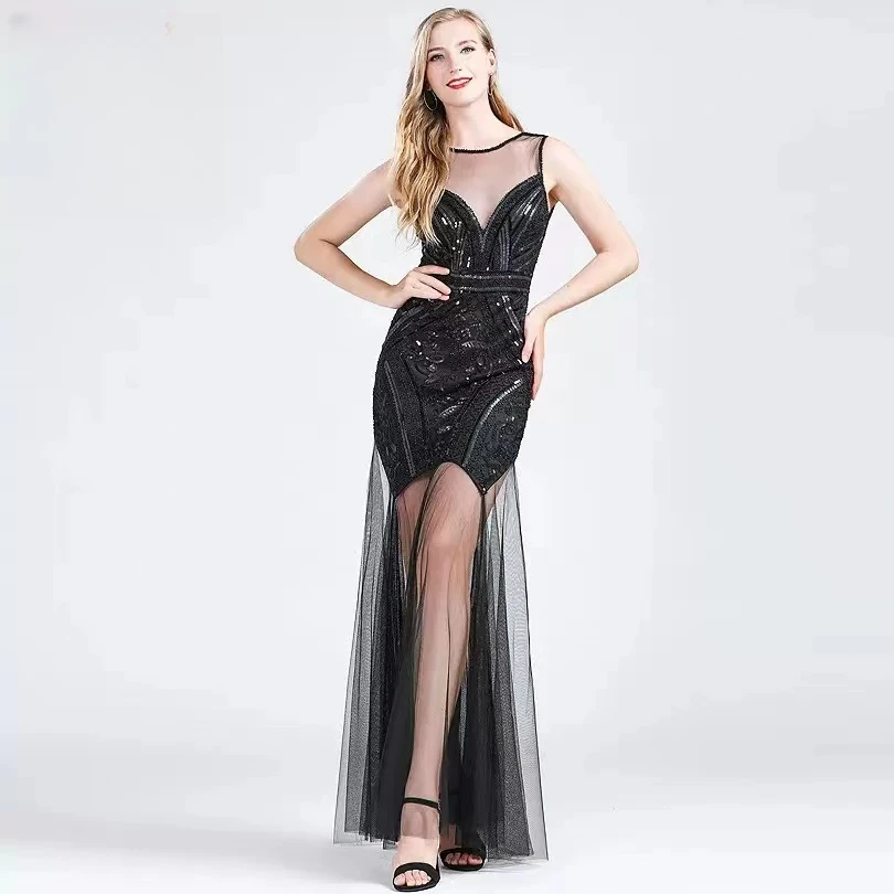 25夏津新款重工亮片网纱拼接连衣裙显瘦气质性感修身时尚轻奢