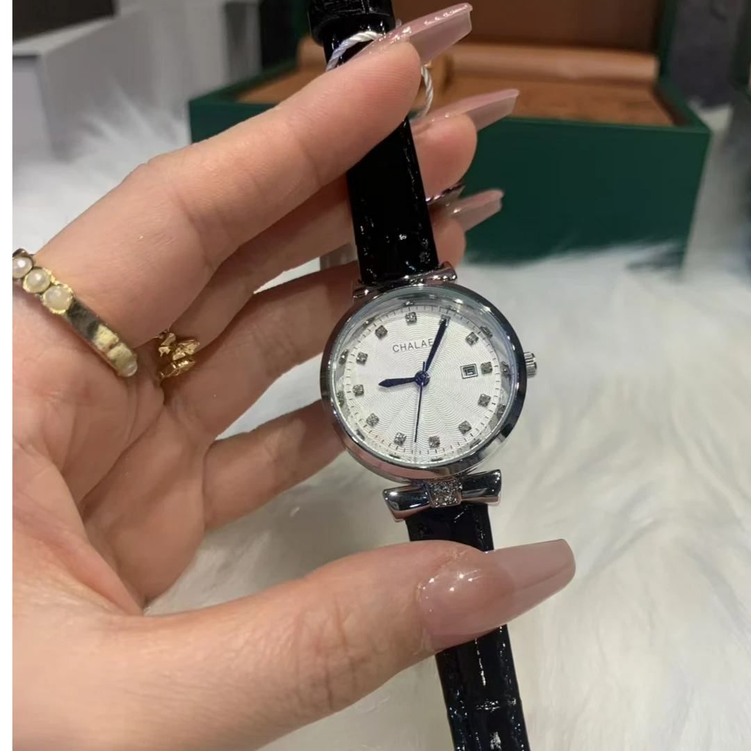 新款时尚简约镶钻日历百搭防水女士石英腕表-005