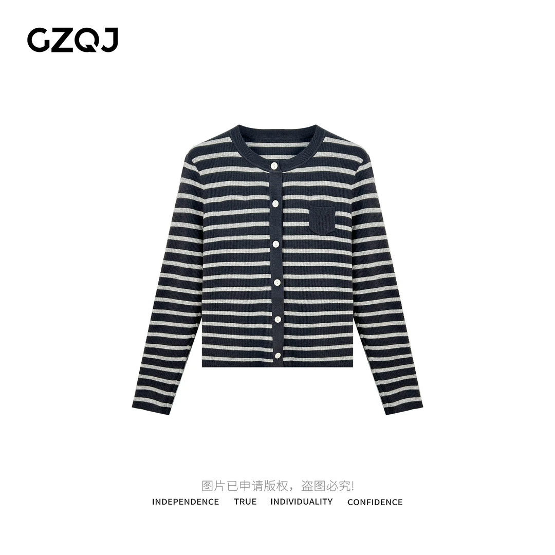 GZQJ 【条纹定律】100羊毛设计感百搭拼色条纹针织开衫女秋8030