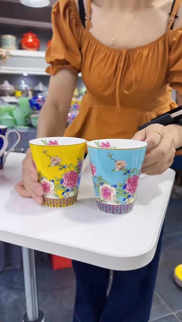 珐琅牡丹花卉水杯2只装景德镇陶瓷