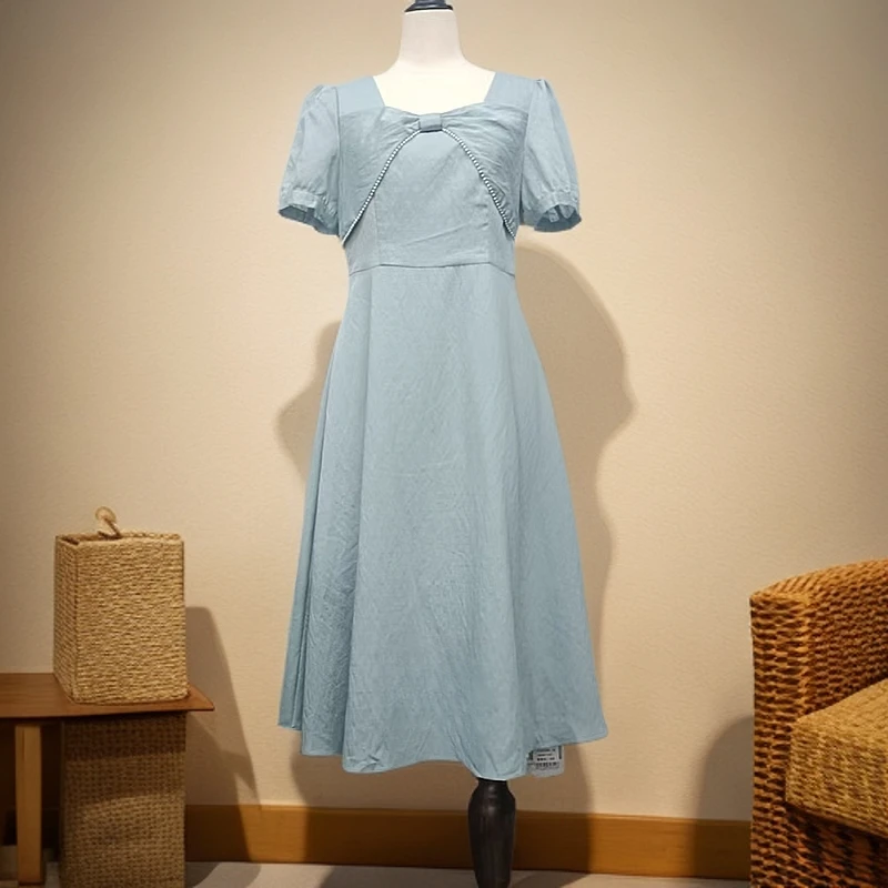 夏季新款法式串珠短袖收腰显瘦连衣裙Q219