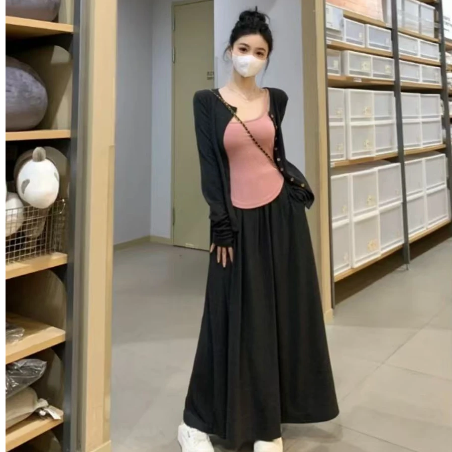 早秋大码女装胖mm纯欲高级撞色吊带防晒外套半裙遮肉休闲三件套装