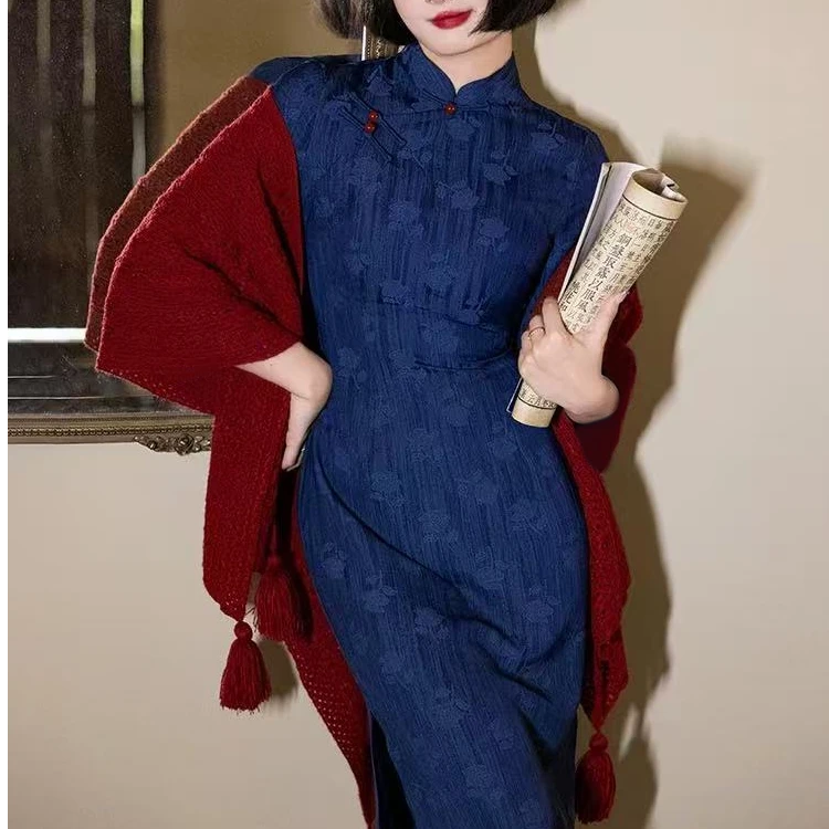 0245 藏蓝色 【天晴】 连襟袖 旗袍 没有披肩