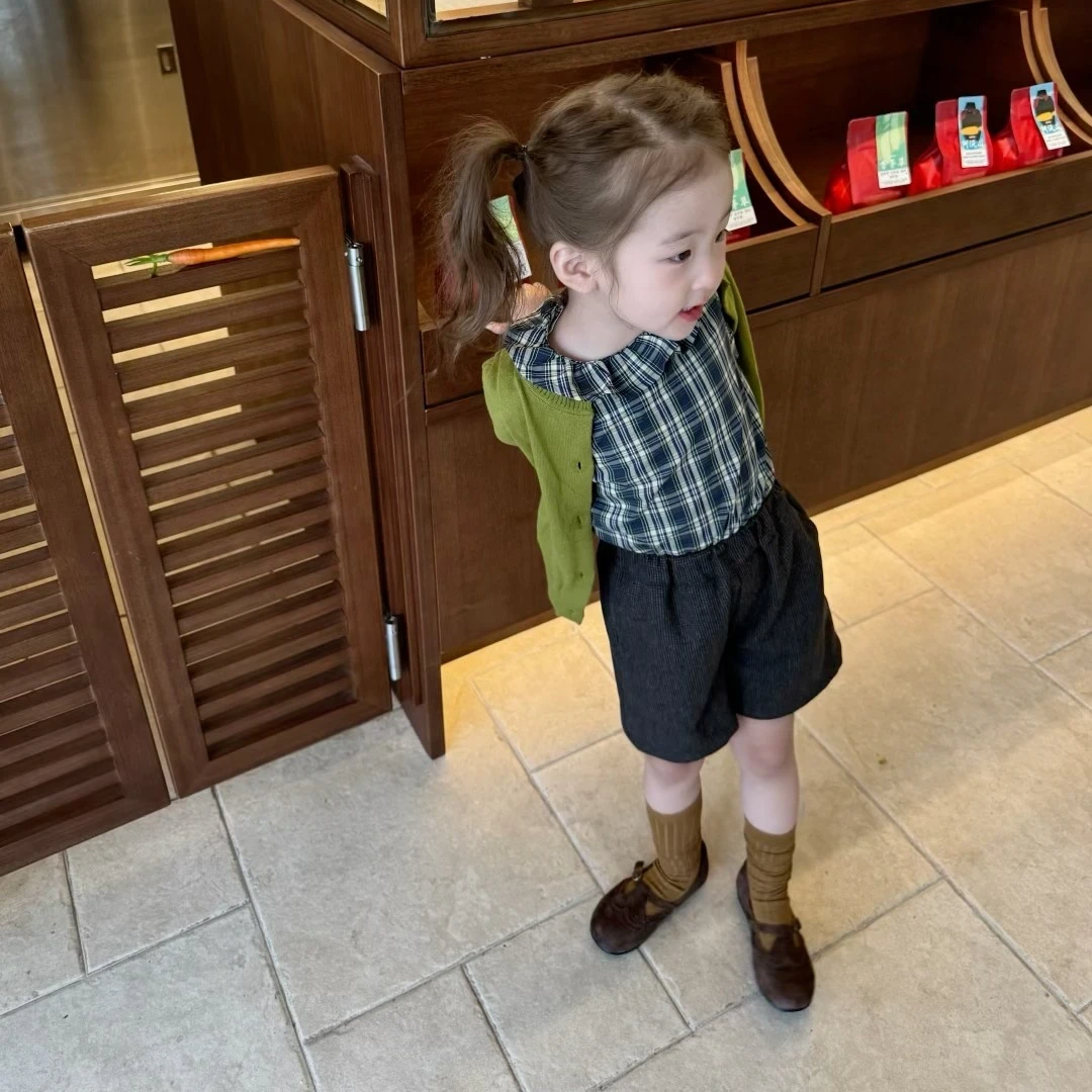 现货】壹妈韩版童装女童秋装套装洋气儿童时髦绿色开衫格子衬衫