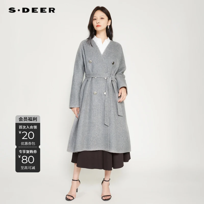 S·DEER圣迪奥冬季气质时尚百搭女士宽松长款毛呢外套S244Z2501