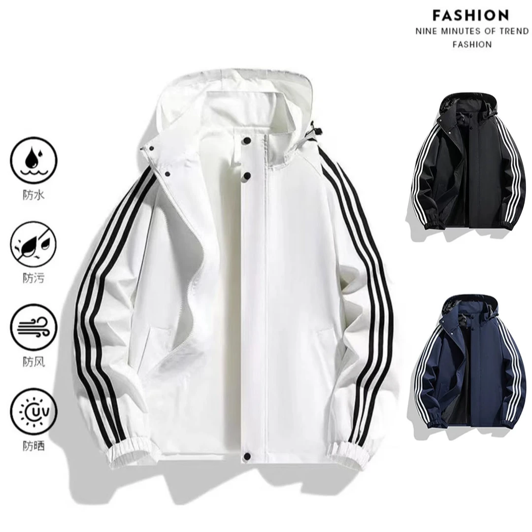 2025春三条杠户外登山防风防水美式连帽情侣高级外套
