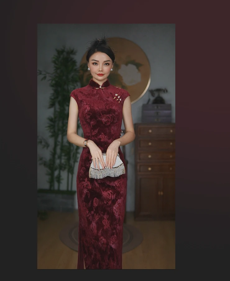 新款旗袍气质红色蓝色无袖斜襟旗袍修身中国风复古显瘦