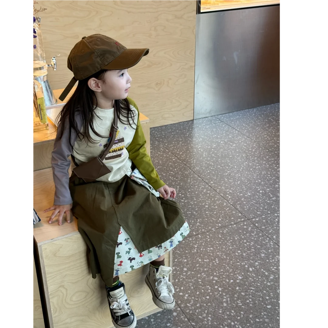 壹妈韩版童装女童秋装套装洋气儿童拼色卡通t恤长袖上衣半身裙子