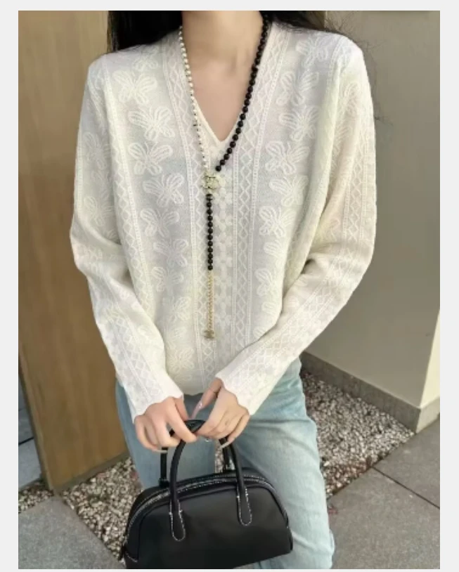 （天邑严选）V领勾花镂空针织衫时尚高级女装蕾丝薄款针织打底毛衣