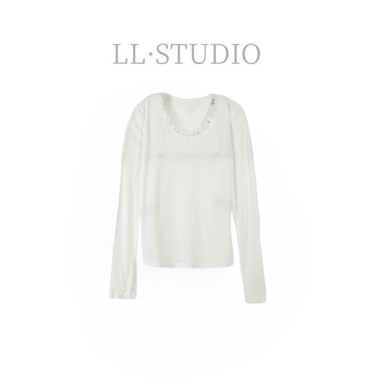 妙兮·LL春季新款时尚气质轻奢拼接手工钉珠长袖打底衫*20250070
