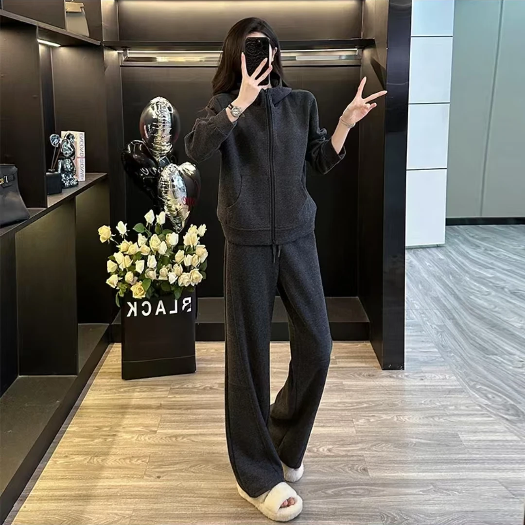 秋冬时尚针织套装显瘦运动外穿宽松连帽休闲两件套减龄裤子上衣