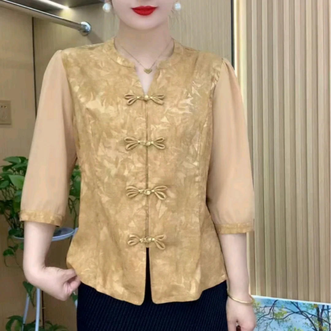 夏新款薄款中年妈妈七分袖衬衣国风休闲百搭洋气改良版民族风小衫