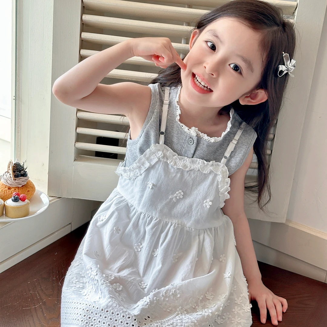 现货【美莳】5593夏季女童两件套连衣裙时尚洋气甜美短袖裙女宝裙子