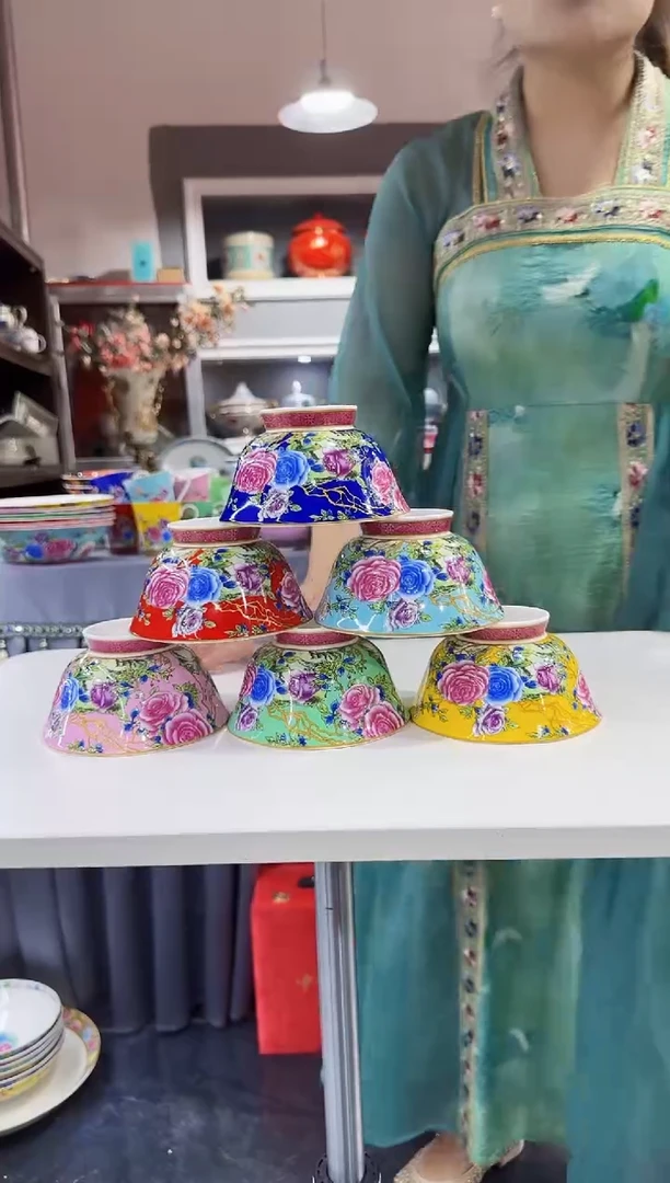 珐琅4.7英寸花口碗6个景德镇陶瓷混色