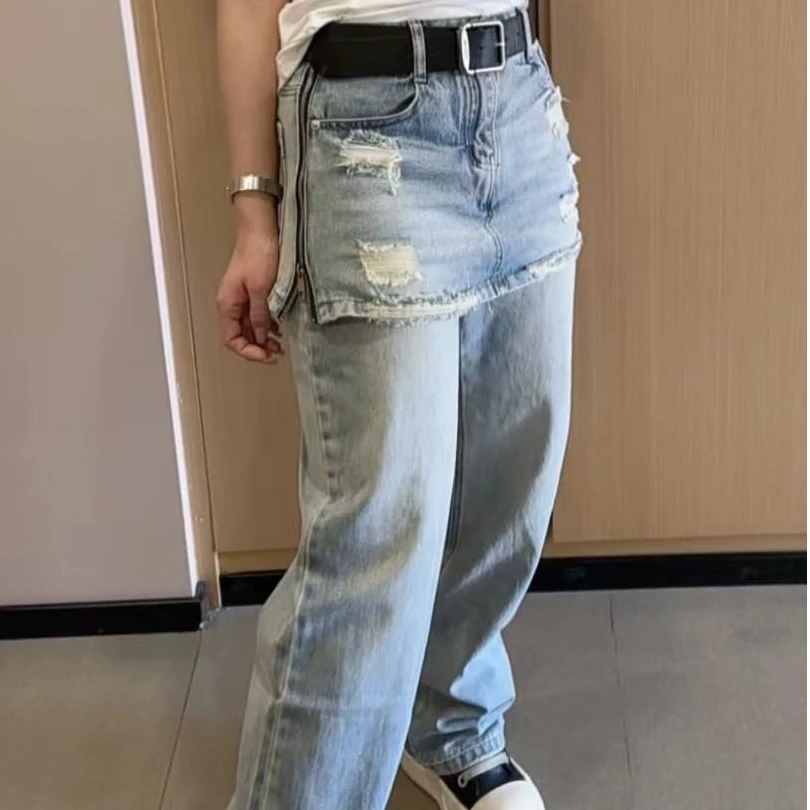 新款显瘦假两件直筒牛仔裤拉锁款11711