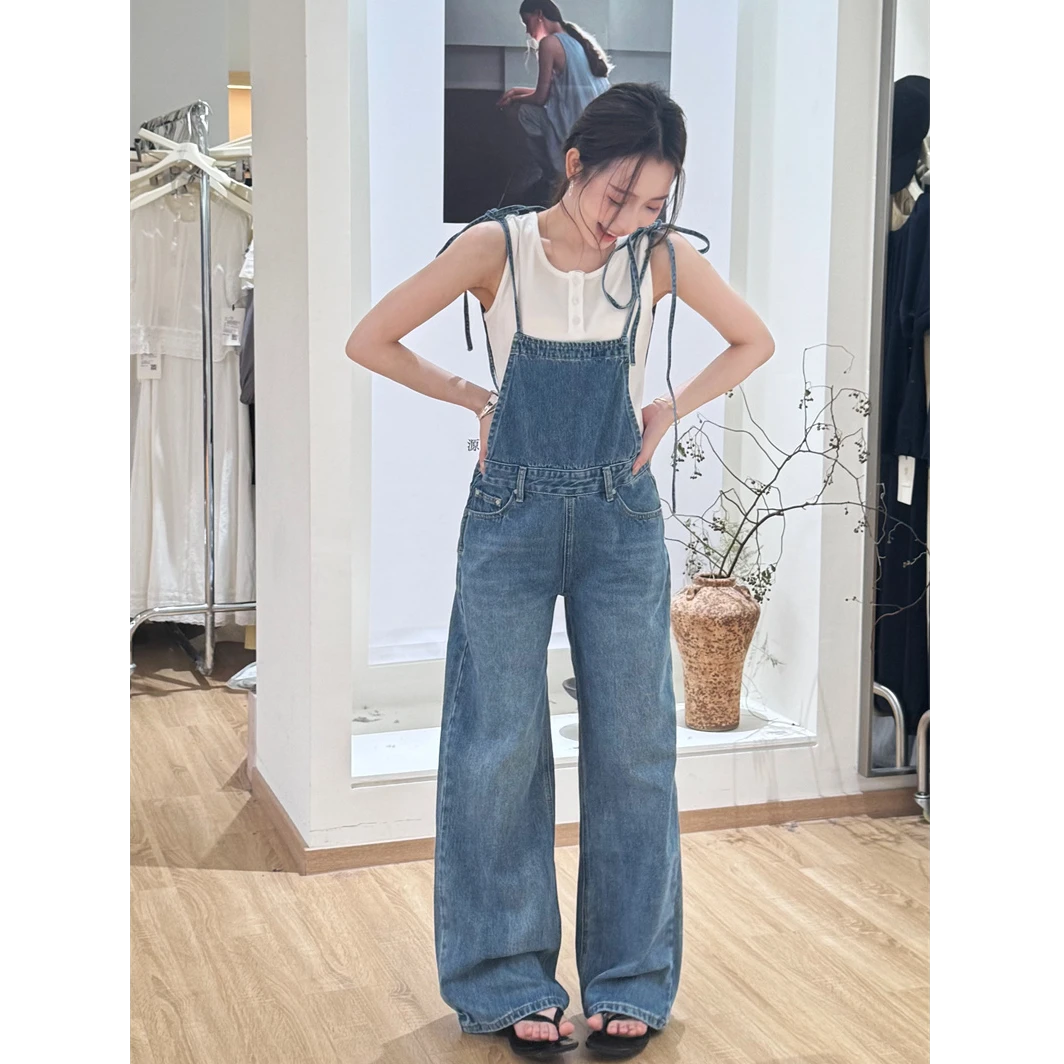 YPP!【美式女孩】夏季百搭减龄设计感复古水洗蓝色牛仔背带裤