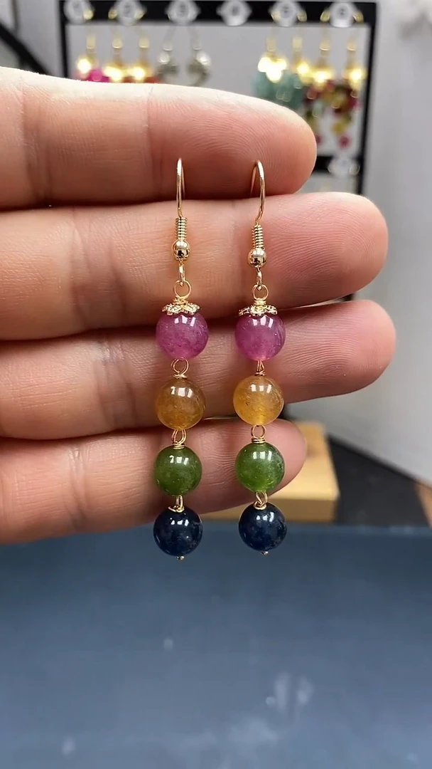 碧玺耳饰银S925镀金镶嵌尺寸8mm连珠03