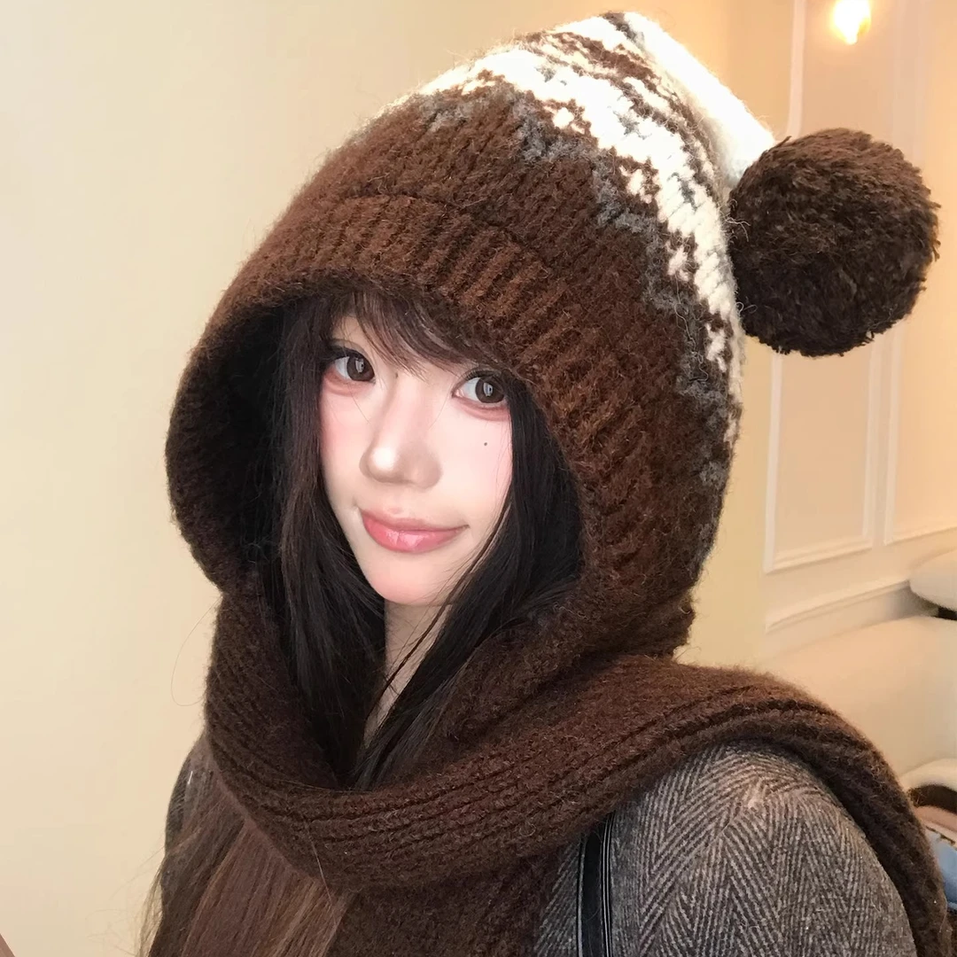 复古费尔岛风咖色巴拉克拉法帽女冬保暖毛线帽子围巾一体连帽围脖