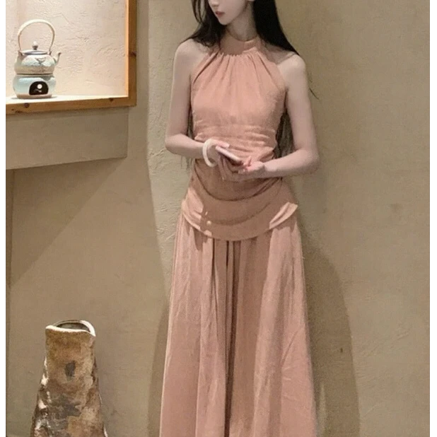 清冷随性新中式国风套装女夏季气质无袖挂脖上衣垂感半身裙两件套