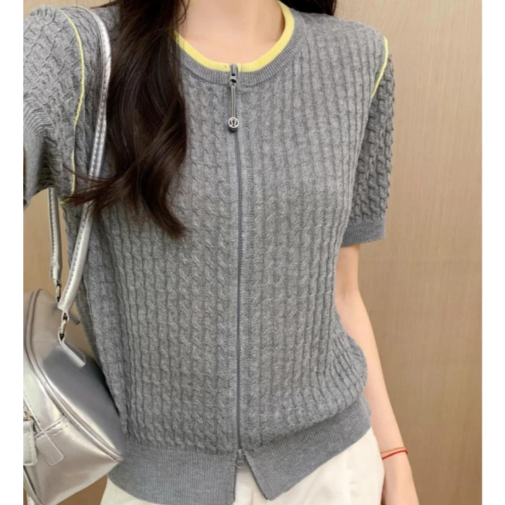 女提花镂空针织短袖开衫显瘦圆领-5107