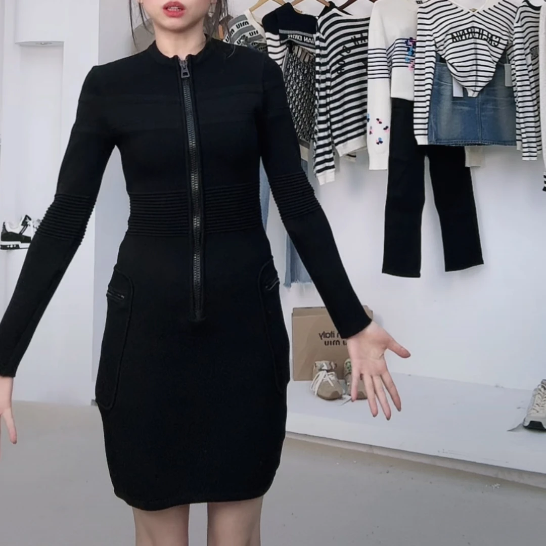 全新未使用 DIOR/迪奥 针织拉链长袖连衣裙 黑色/36