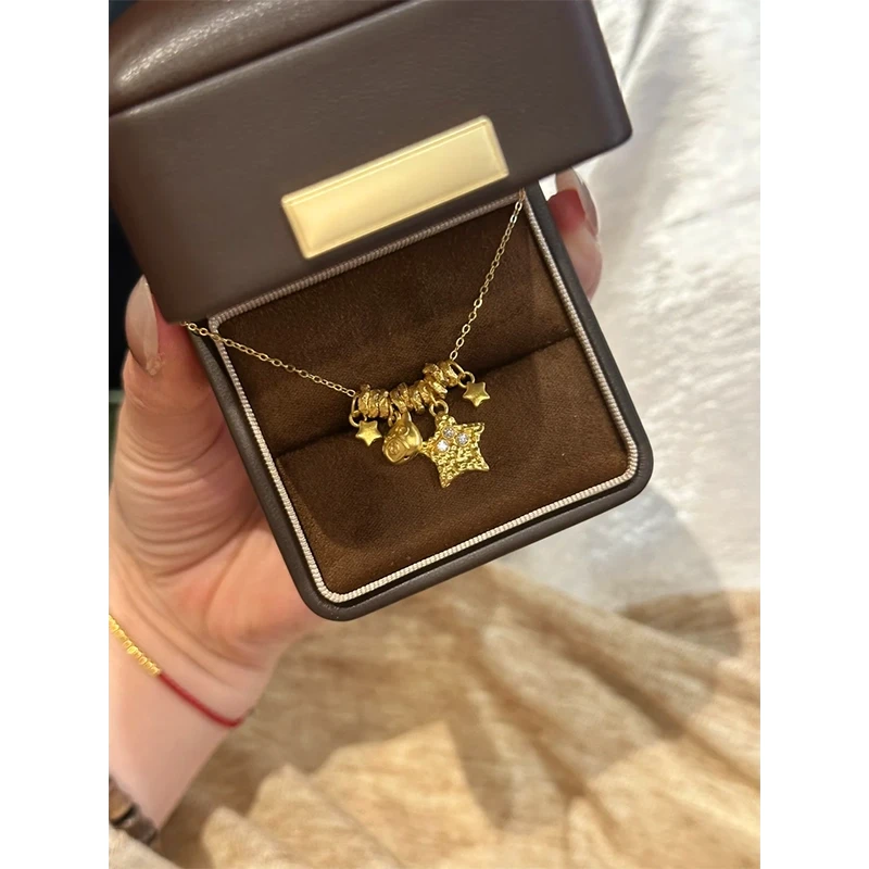 点钻锤纹星星富贵猫猫项链中古风甜美金锁盘缠锁骨链轻奢小众坠链