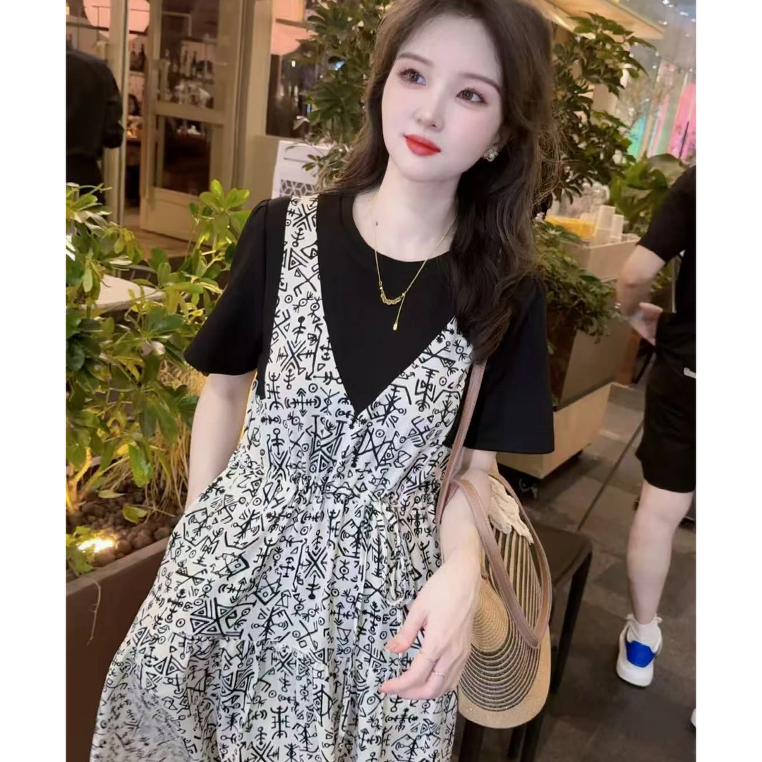 复古碎花连衣裙女2025夏季新款气质高腰显瘦小个子假两件中长裙子