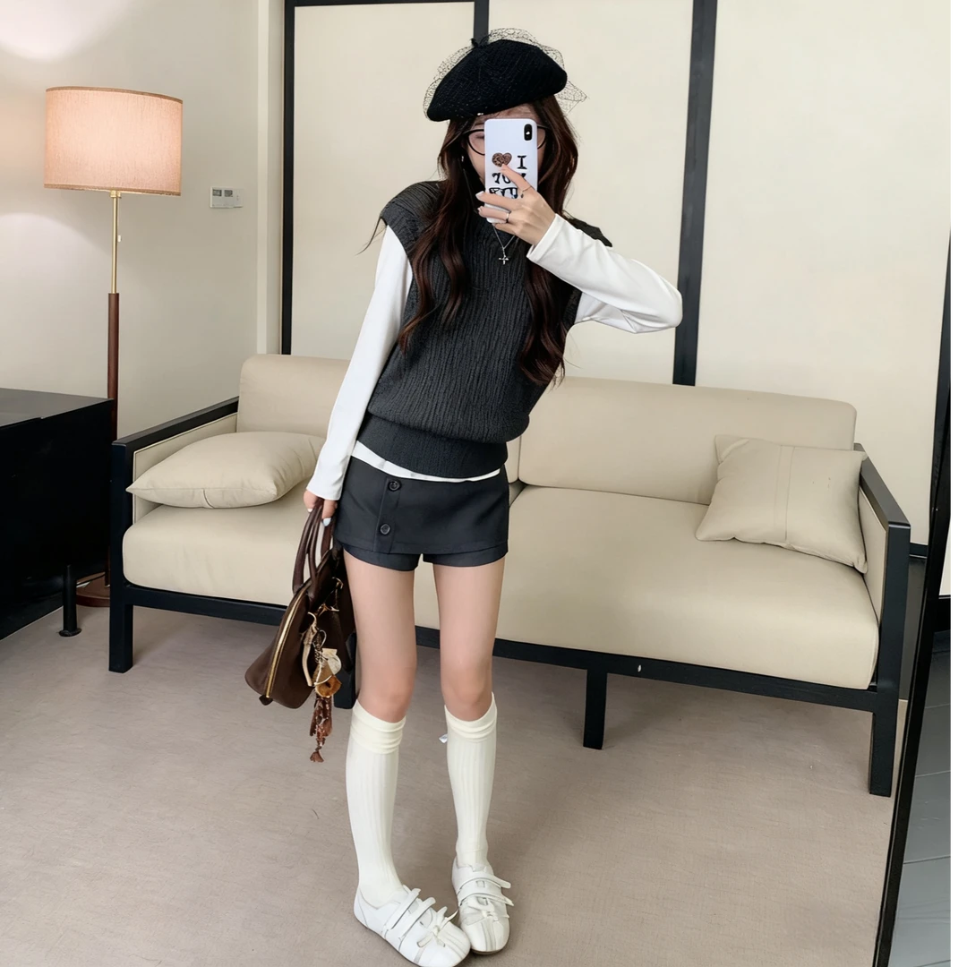 韩系早秋穿搭一整套气质高级感针织背心打底衫百搭裙裤宽松皮衣潮