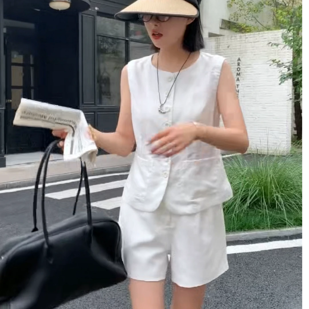 意法一批清仓  2025夏季气质无袖衬衫短裤显瘦套装F0981