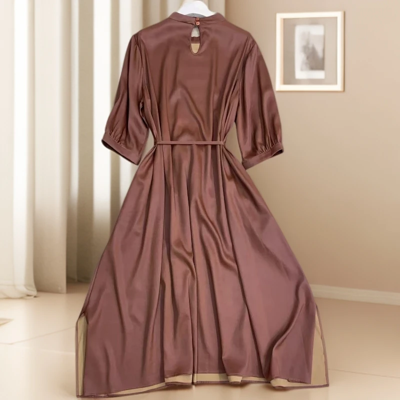 纯色桑蚕丝红云纱夏季常规显瘦温柔连衣裙裙子春夏设计师时尚褶皱