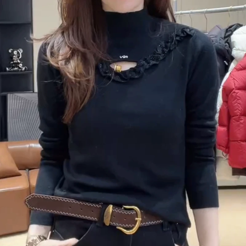 冬季木耳边烫钻镂空立领打底长袖时尚内搭保暖针织上衣LK2509266