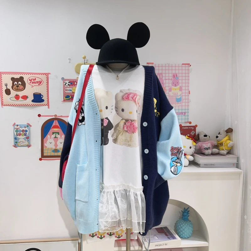【钱呼呼】2025秋季新款时髦减龄拼色显瘦宽松中长款针织开衫 女