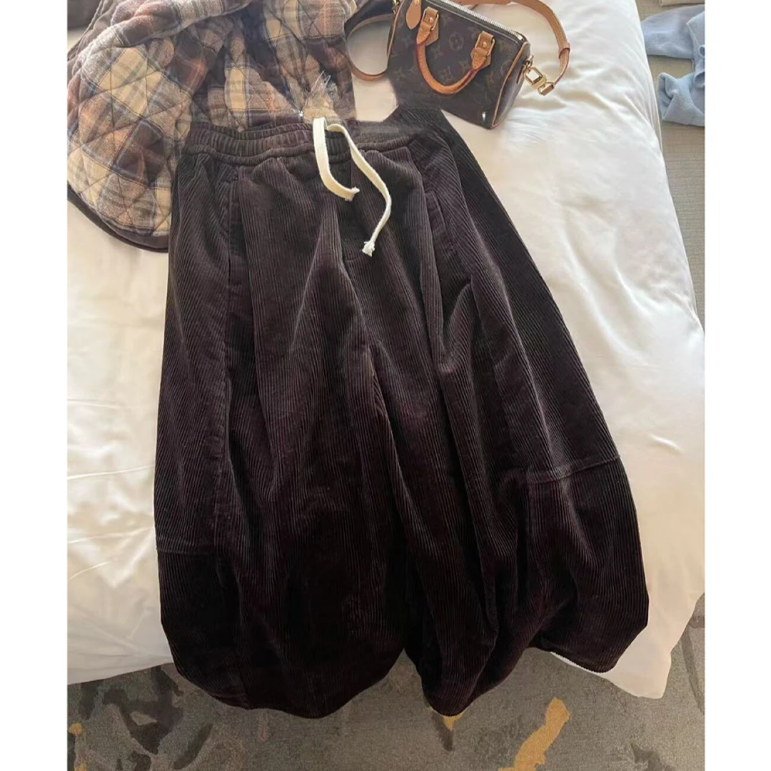 复古日系灯芯绒休闲气球裤冬季新款小个子宽松显瘦加绒阔腿八分裤