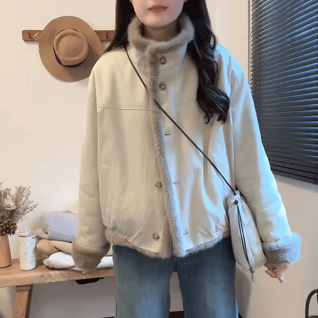 双面穿毛毛立领外套女冬季港味复古宽松加厚加绒保暖工装夹克上衣