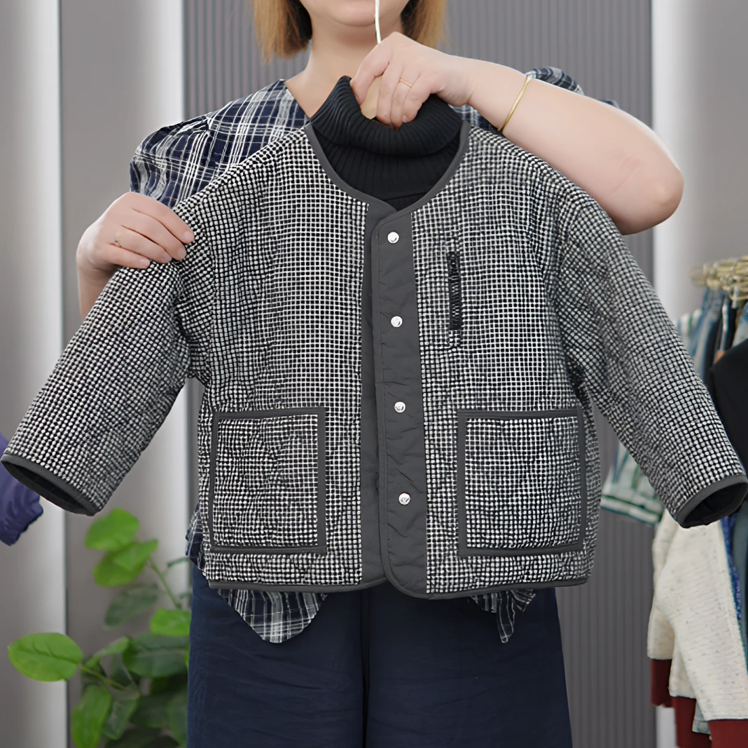 儿童复古格子无领夹棉外套2025冬季新品棉服